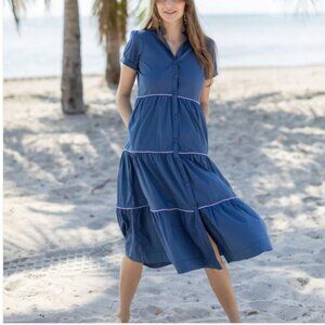 Kia Moore Dress Erin Dress in Marlin Blue with Lavender Piping) Size Medium NWT